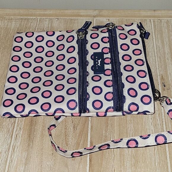 SCOUT Sally Go Lightly Blue White Pink Polka Dot Crossbody Purse Triple Zip - Picture 4 of 10